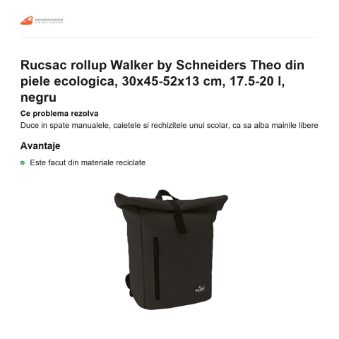 Rucsac rollup Walker by Schneiders Theo din piele ecologica, 30x45-52x13 cm, 17.5-20 l, negru [1]