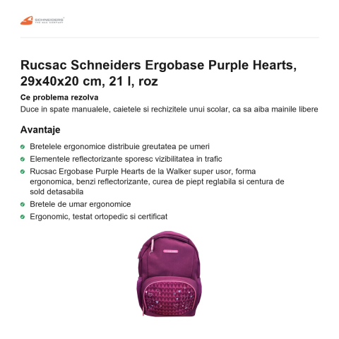 Rucsac Schneiders Ergobase Purple Hearts, 29x40x20 cm, 21 l, roz [1]