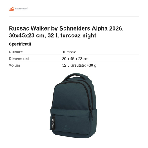 Rucsac Walker by Schneiders Alpha 2026, 30x45x23 cm, 32 l, turcoaz night [2]