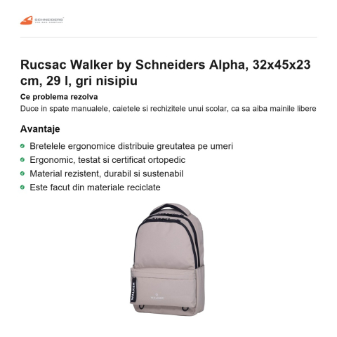 Rucsac Walker by Schneiders Alpha, 32x45x23 cm, 29 l, gri nisipiu [1]