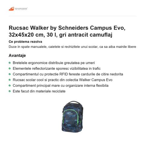 Rucsac Walker by Schneiders Campus Evo, 32x45x20 cm, 30 l, gri antracit camuflaj [1]