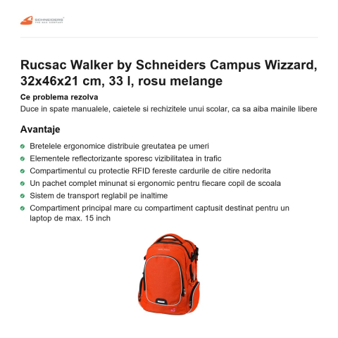 Rucsac Walker by Schneiders Campus Wizzard, 32x46x21 cm, 33 l, rosu melange [1]