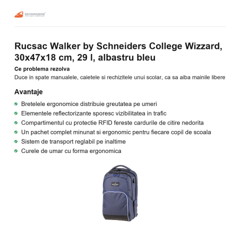 Rucsac Walker by Schneiders College Wizzard, 30x47x18 cm, 29 l, albastru bleu [1]