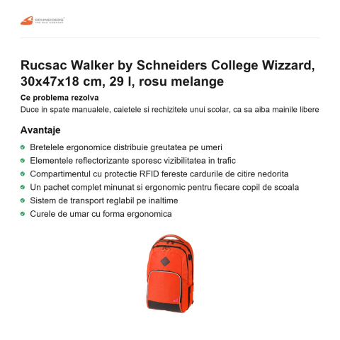 Rucsac Walker by Schneiders College Wizzard, 30x47x18 cm, 29 l, rosu melange [1]