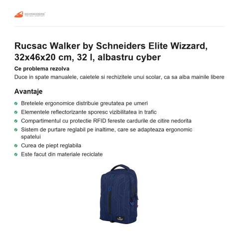 Rucsac Walker by Schneiders Elite Wizzard, 32x46x20 cm, 32 l, albastru cyber [1]