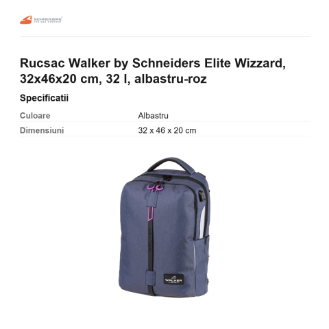 Rucsac Walker by Schneiders Elite Wizzard, 32x46x20 cm, 32 l, albastru-roz [2]