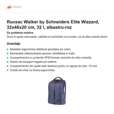 Rucsac Walker by Schneiders Elite Wizzard, 32x46x20 cm, 32 l, albastru-roz [1]