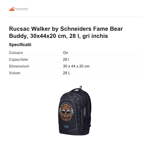 Rucsac Walker by Schneiders Fame Bear Buddy, 30x44x20 cm, 28 l, gri inchis [2]