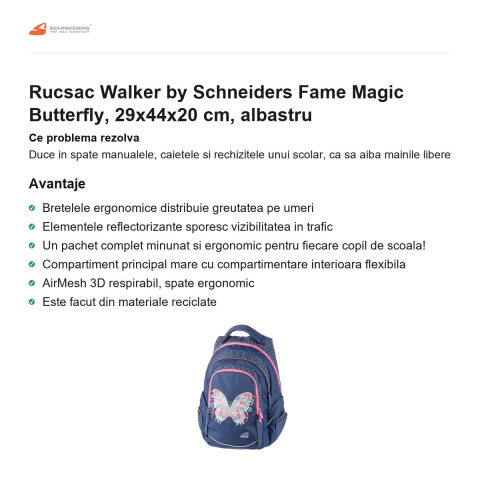Rucsac Walker by Schneiders Fame Magic Butterfly, 29x44x20 cm, albastru [1]