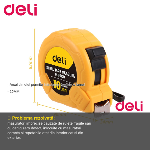 Ruleta de masurare Deli, banda otel 10m x 25mm, carcasa ABS rezistenta la socuri, pentru constructii si amenajari [1]