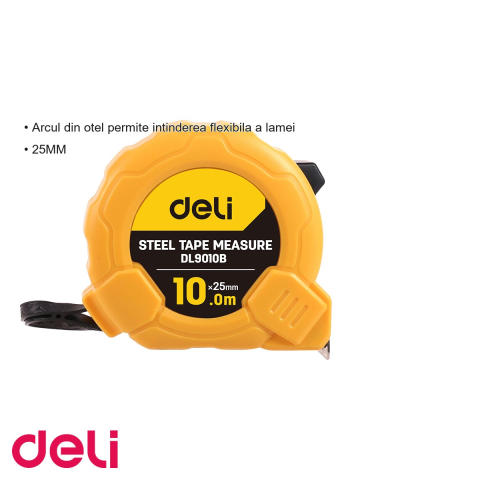 Ruleta de masurare Deli, banda otel 10m x 25mm, carcasa ABS rezistenta la socuri, pentru constructii si amenajari [2]