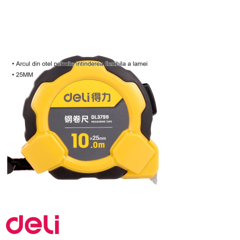Ruleta de masurare Deli, banda otel 10m x 25mm, carcasa ABS rezistenta la socuri, pentru interior si exterior [2]