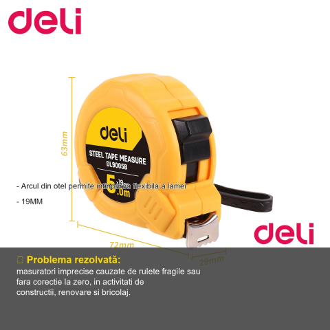 Ruleta de masurare Deli, banda otel 5m x 19mm, carcasa ABS rezistenta la socuri, pentru constructii si bricolaj [1]