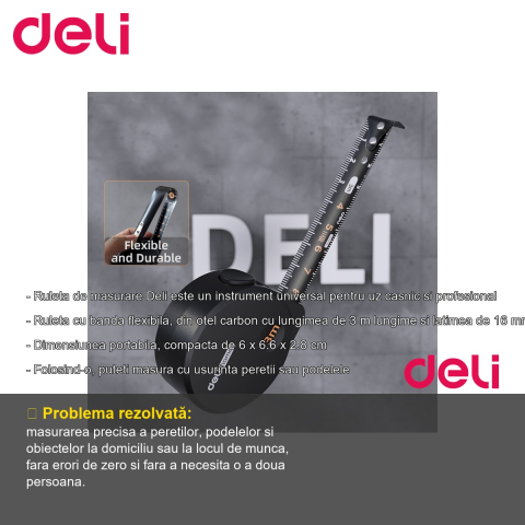 Ruleta de masurare Deli Home Series, banda otel carbon 3m x 16mm, carcasa ABS antiderapanta, negra [1]
