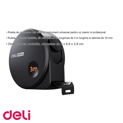 Ruleta de masurare Deli Home Series, banda otel carbon 3m x 16mm, carcasa ABS antiderapanta, negra [2]