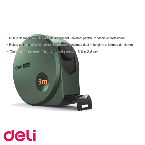 Ruleta de masurare Deli Home Series Verde, banda otel carbon 3 m x 16 mm, blocare automata, uz casnic si profesional [2]