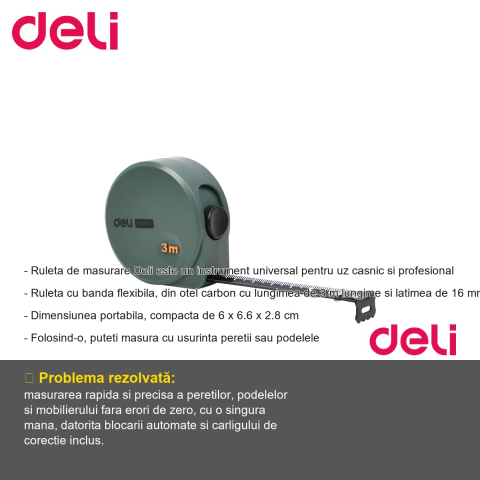 Ruleta de masurare Deli Home Series Verde, banda otel carbon 3 m x 16 mm, blocare automata, uz casnic si profesional [1]
