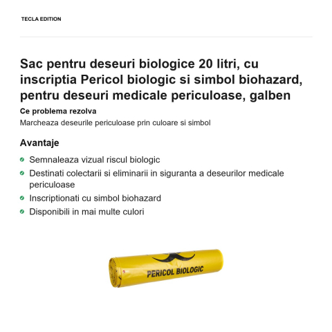 Sac pentru deseuri biologice 20 litri, cu inscriptia Pericol biologic si simbol biohazard, pentru deseuri medicale periculoase, galben [1]