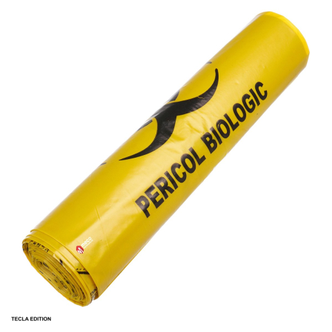 Saci menajeri - Sac pentru deseuri biologice 40 litri, cu inscriptia Pericol biologic si simbol biohazard, pentru deseuri medicale periculoase, galben