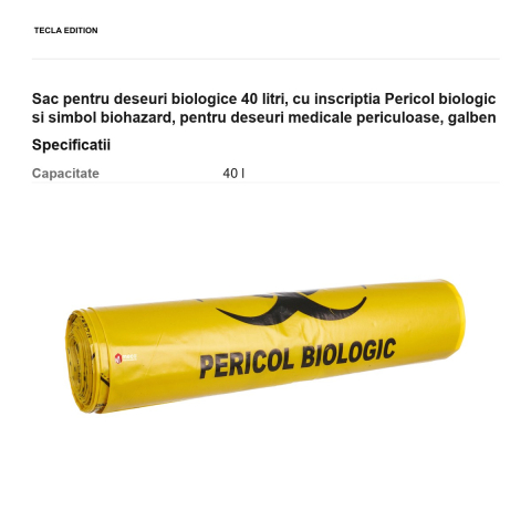 Sac pentru deseuri biologice 40 litri, cu inscriptia Pericol biologic si simbol biohazard, pentru deseuri medicale periculoase, galben [2]