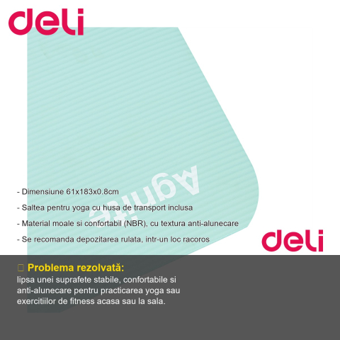 Saltea yoga Deli Agnite, material NBR anti-alunecare, cu husa transport inclusa, turcoaz, 183x61x0.8 cm [1]