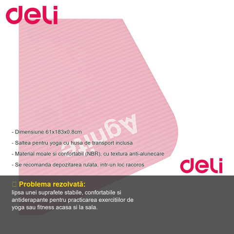 Saltea yoga Deli, material NBR anti-alunecare, cu husa transport inclusa, roz, 183x61x0.8 cm [1]
