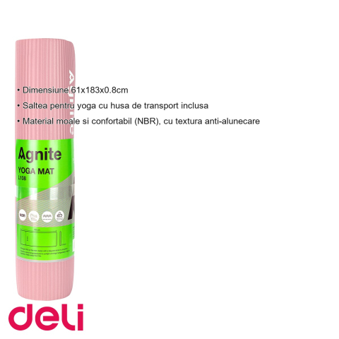 Saltea yoga Deli, material NBR anti-alunecare, cu husa transport inclusa, roz, 183x61x0.8 cm [2]