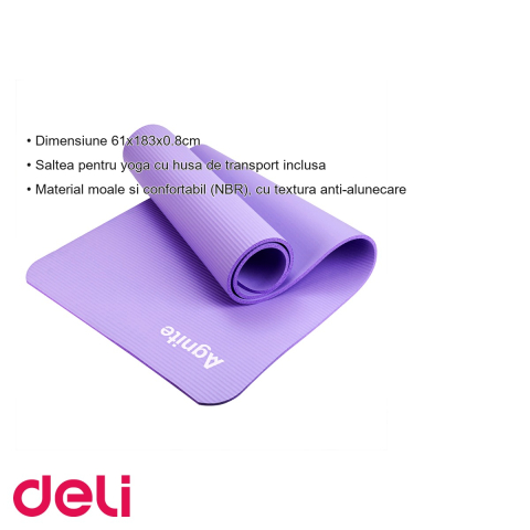 Saltea yoga Deli, material NBR anti-alunecare, cu husa transport inclusa, violet, 183x61x0.8 cm [2]