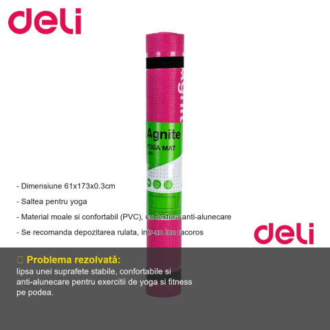 Saltea yoga Deli, material PVC anti-alunecare, 173x61x0.3 cm, roz, cu curea transport inclusa [1]