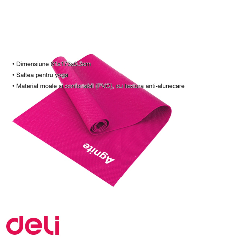 Saltea yoga Deli, material PVC anti-alunecare, 173x61x0.3 cm, roz, cu curea transport inclusa [2]