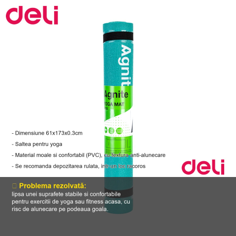 Saltea yoga Deli, material PVC anti-alunecare, turcoaz, 173x61x0.3 cm, cu curea transport inclusa [1]