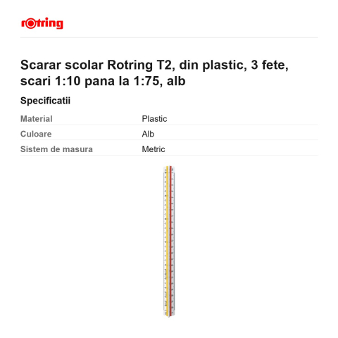 Scarar scolar Rotring T2, din plastic, 3 fete, scari 1:10 pana la 1:75, alb [2]