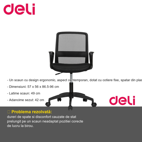 Scaun de birou Deli 4507 cu spatar mesh ergonomic, cotiere fixe si reglare inaltime, pentru uz zilnic la birou [1]
