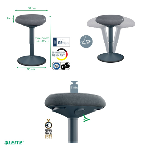 Scaun ergonomic Leitz pentru sezut activ, reglabil pneumatic 47-64 cm, gri carbune [3]