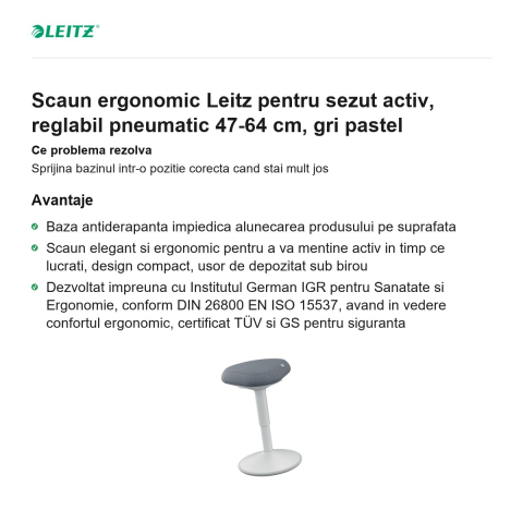 Scaun ergonomic Leitz pentru sezut activ, reglabil pneumatic 47-64 cm, gri pastel [1]