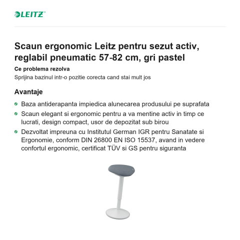 Scaun ergonomic Leitz pentru sezut activ, reglabil pneumatic 57-82 cm, gri pastel [1]