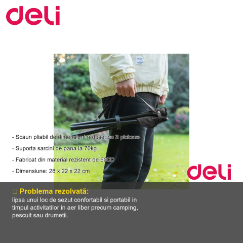 Scaun pliabil mini Deli, 3 picioare, material 600D, pentru camping, pescuit si picnic [1]