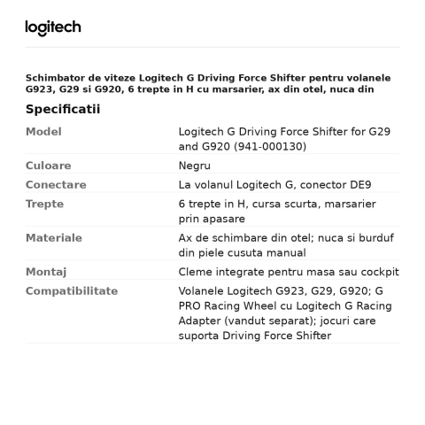 Schimbator de viteze Logitech G Driving Force Shifter pentru volanele G923, G29 si G920, 6 trepte in H cu marsarier, ax din otel, nuca din piele, negru, 941-000130 [2]