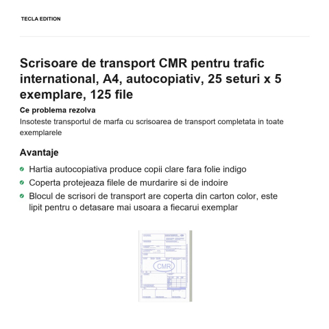 Scrisoare de transport CMR pentru trafic international, A4, autocopiativ, 25 seturi x 5 exemplare, 125 file [1]