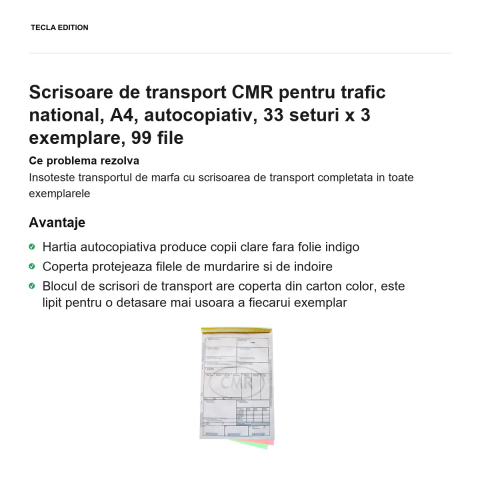 Scrisoare de transport CMR pentru trafic national, A4, autocopiativ, 33 seturi x 3 exemplare, 99 file [1]