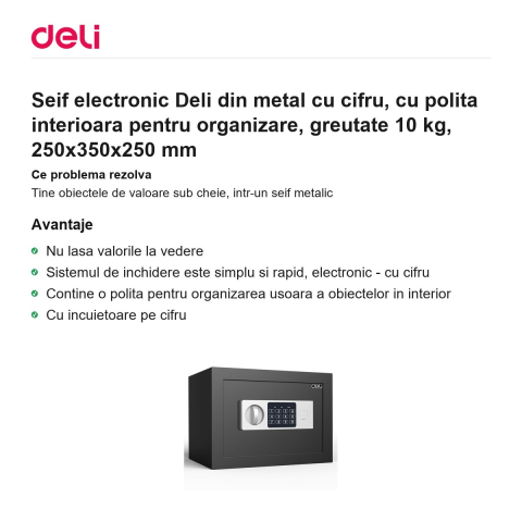 Seif electronic Deli din metal cu cifru, cu polita interioara pentru organizare, greutate 10 kg, 250x350x250 mm [1]