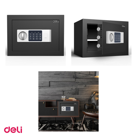 Seif electronic Deli din metal cu cifru, cu polita interioara pentru organizare, greutate 10 kg, 250x350x250 mm [3]
