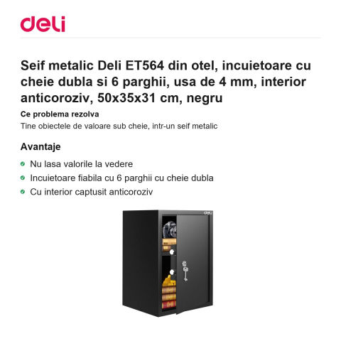 Seif metalic Deli ET564 din otel, incuietoare cu cheie dubla si 6 parghii, usa de 4 mm, interior anticoroziv, 50x35x31 cm, negru [1]