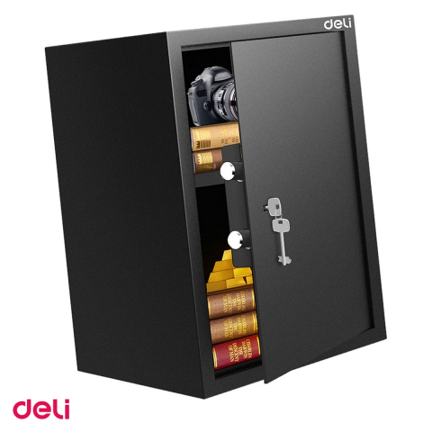 Casete de valori si seifuri - Seif metalic Deli ET564 din otel, incuietoare cu cheie dubla si 6 parghii, usa de 4 mm, interior anticoroziv, 50x35x31 cm, negru