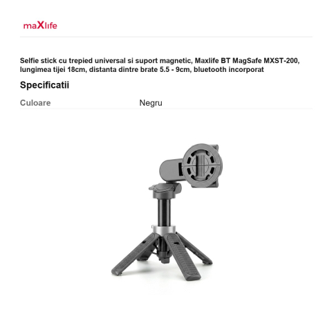 Selfie stick cu trepied universal si suport magnetic, Maxlife BT MagSafe MXST-200, lungimea tijei 18cm, distanta dintre brate 5.5 - 9cm, bluetooth incorporat [2]