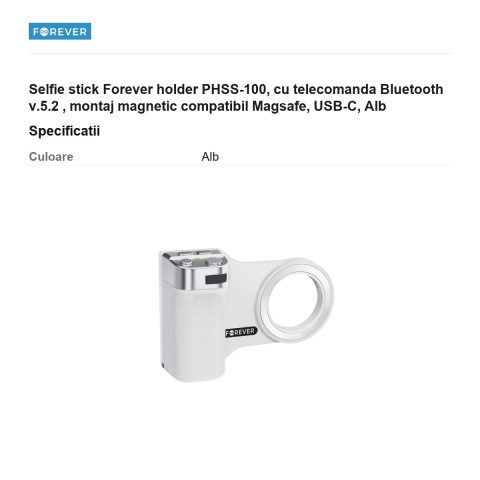Selfie stick Forever holder PHSS-100, cu telecomanda Bluetooth v.5.2 , montaj magnetic compatibil Magsafe, USB-C, Alb [2]