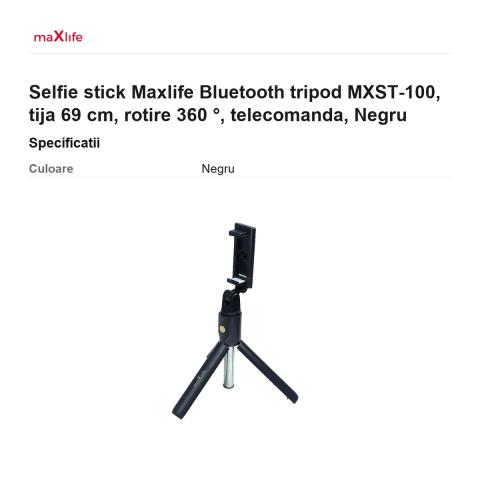 Selfie stick Maxlife Bluetooth tripod MXST-100, tija 69 cm, rotire 360 ​​°, telecomanda,  Negru [2]