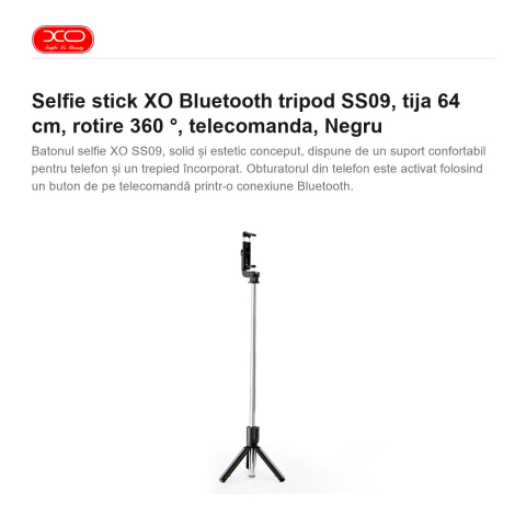 Selfie stick XO Bluetooth tripod SS09, tija 64 cm, rotire 360 ​​°, telecomanda, Negru [1]