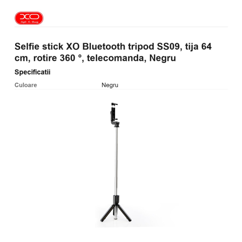Selfie stick XO Bluetooth tripod SS09, tija 64 cm, rotire 360 ​​°, telecomanda, Negru [2]