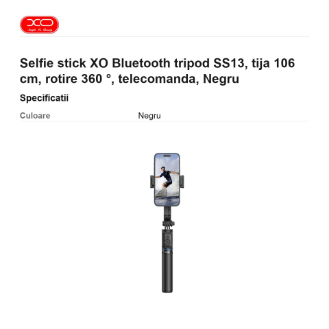 Selfie stick XO Bluetooth tripod SS13, tija 106 cm, rotire 360 ​​°, telecomanda, Negru [2]